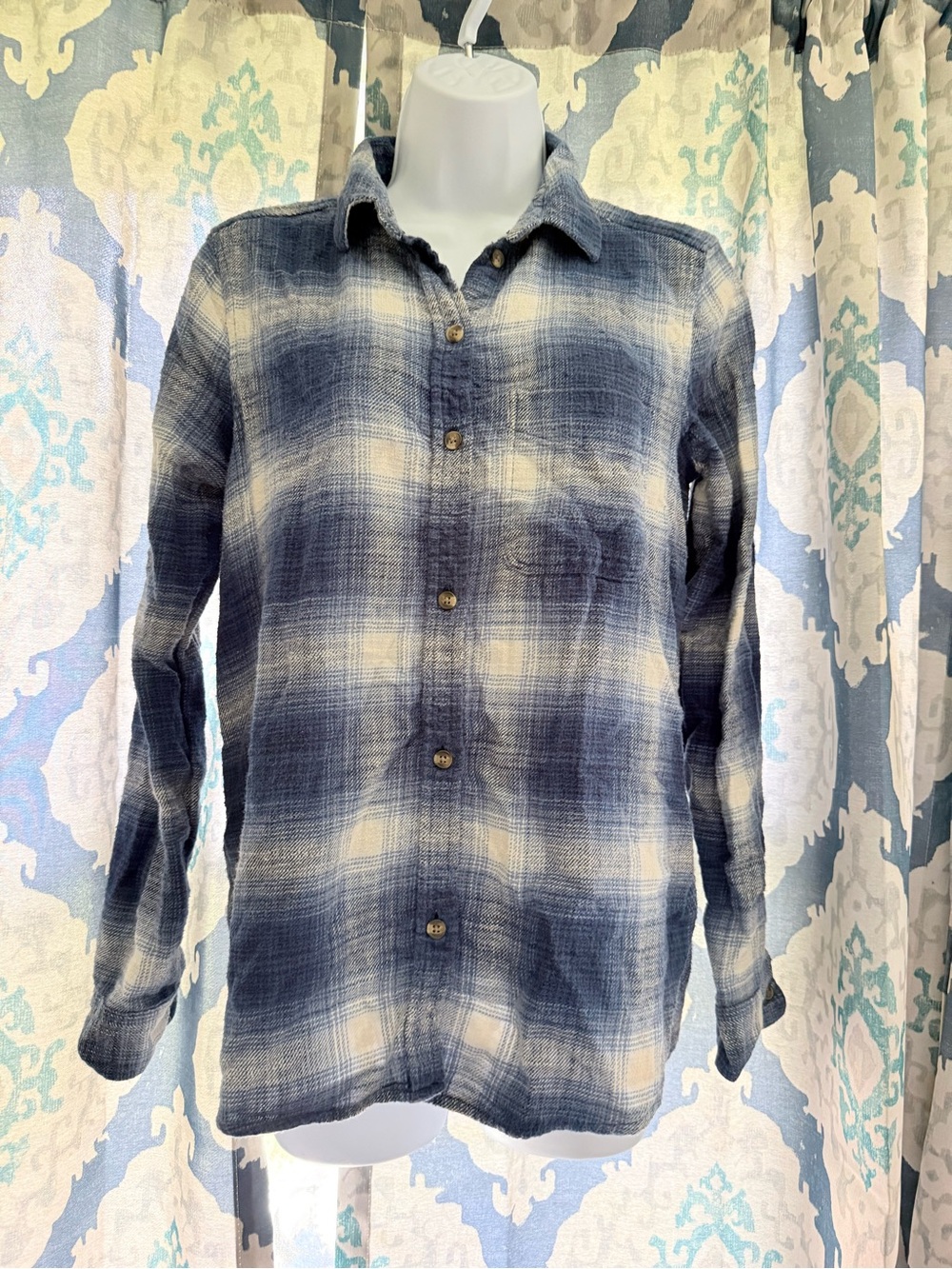 American Eagle Blue Plaid Flannel Button Front Boyfriend Fit Top S grunge 90’s
